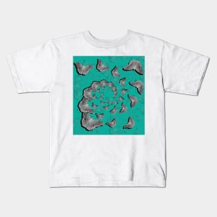 A swirl of gray butterflies on teal background Kids T-Shirt